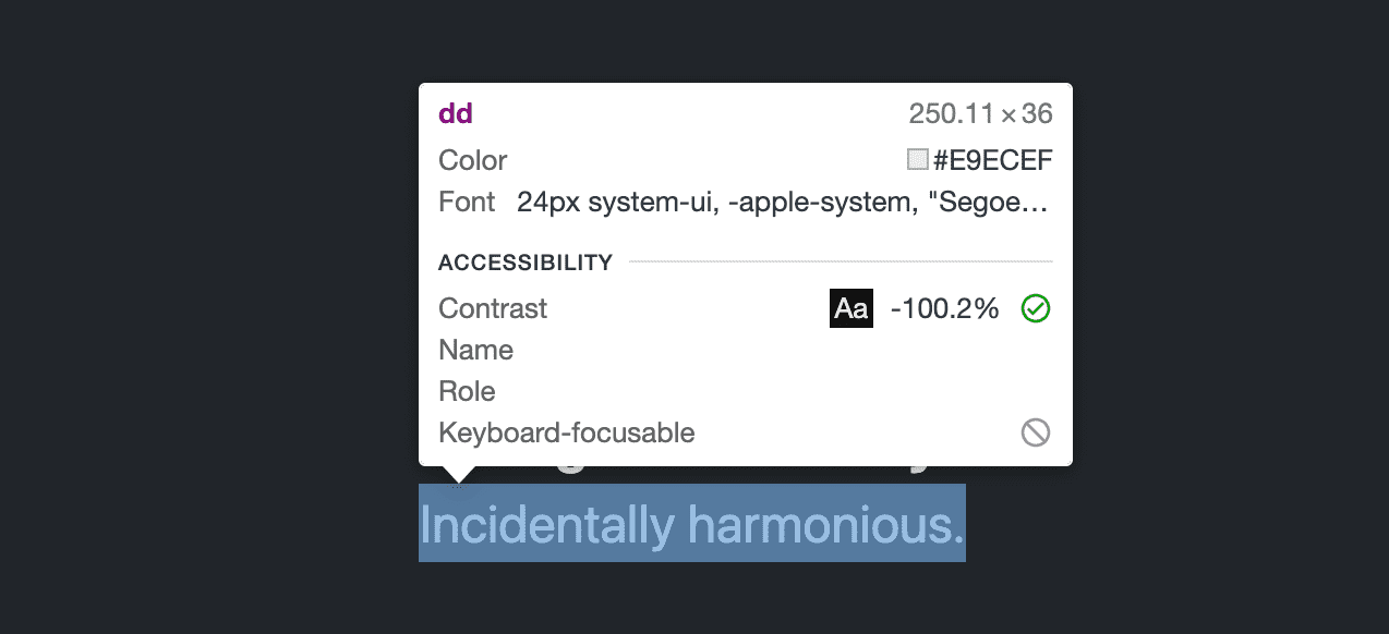 Tooltip elemen pemeriksaan Devtools menampilkan -100,2% untuk skor kontras pada elemen dd.