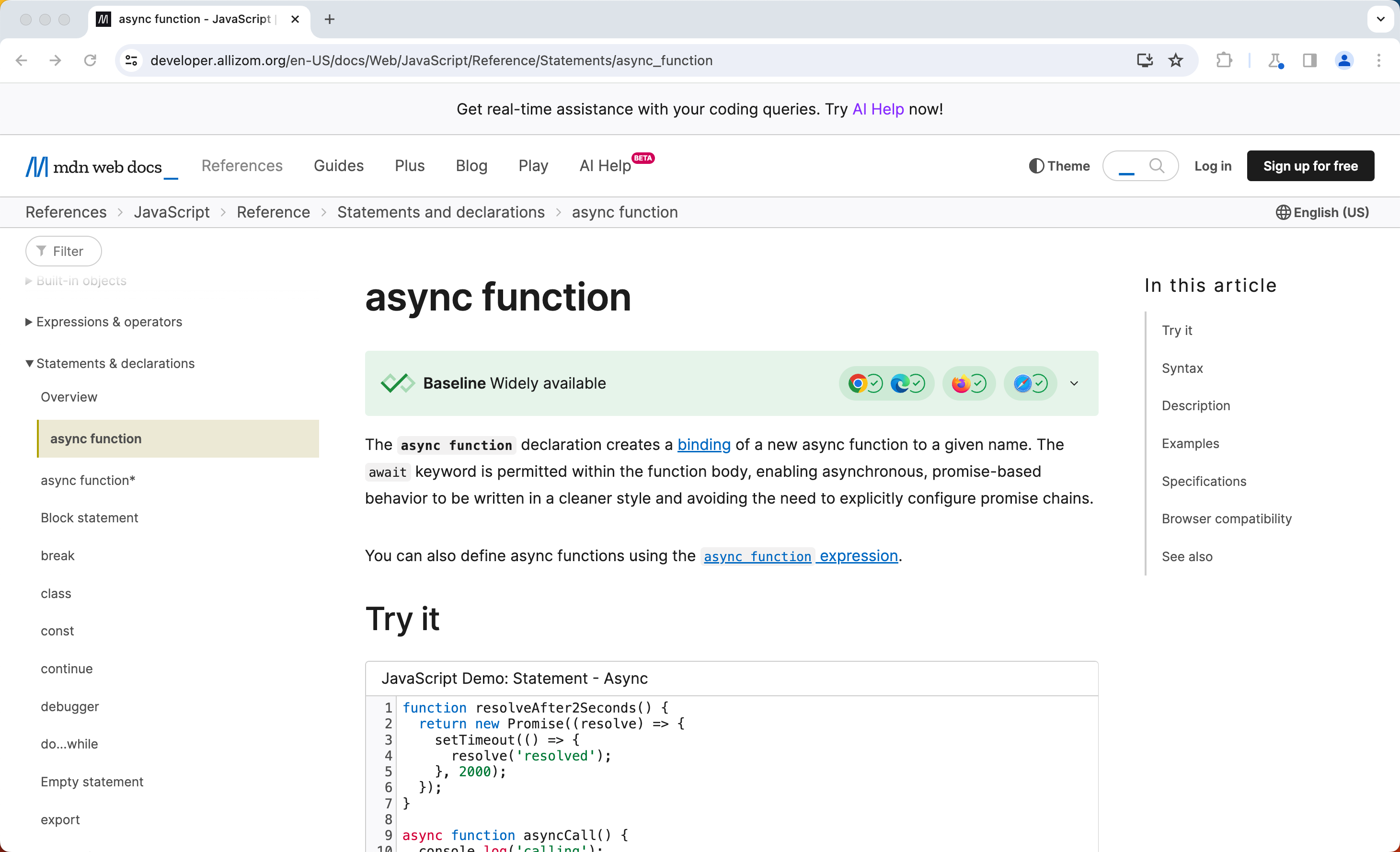 A screenshot of the page for the async function on MDN. The green checkmark for Baseline shows this feature is widely available.