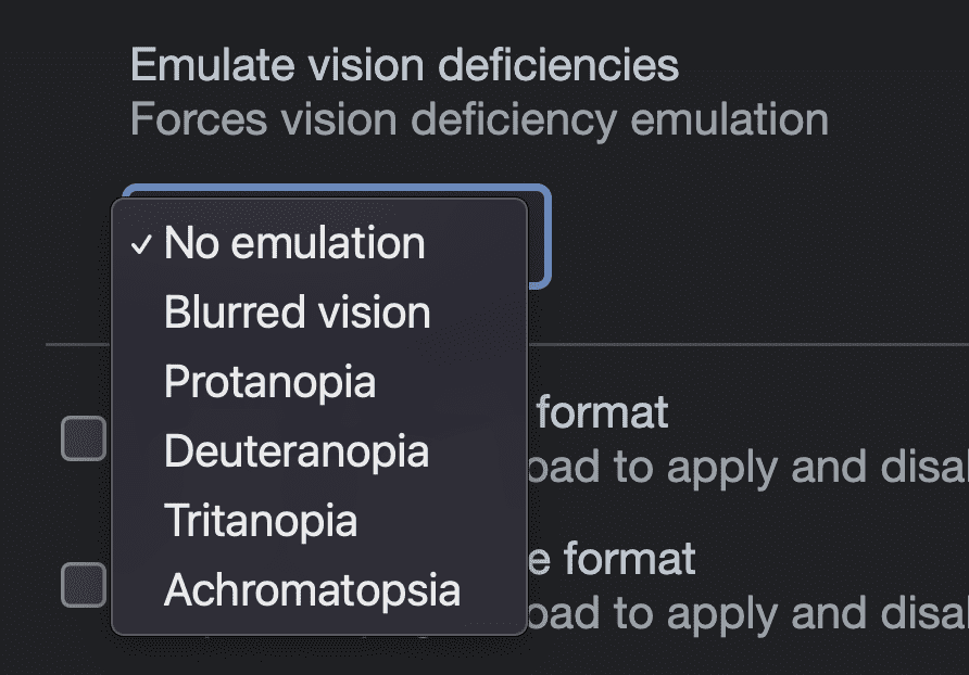 Capture d&#39;écran des options disponibles dans les outils de développement d&#39;émulation pour émuler des déficiences visuelles: pas d&#39;émulation, vision floue, protanopie, deutéranopie, tritanopie, achromatopsie