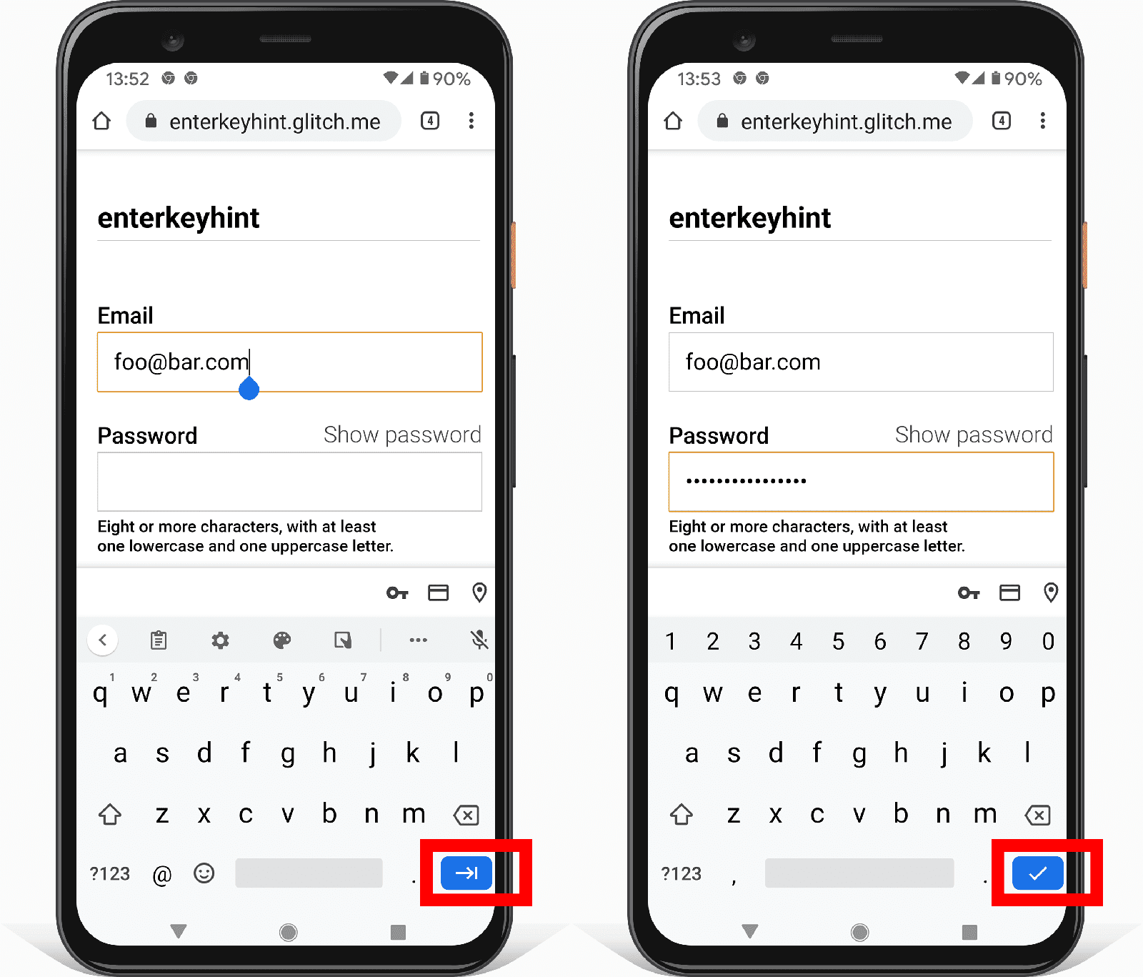 Deux captures d&#39;écran d&#39;un formulaire d&#39;adresse sur Android montrant comment l&#39;attribut d&#39;entrée enterkeyhint modifie l&#39;icône de la touche Entrée.