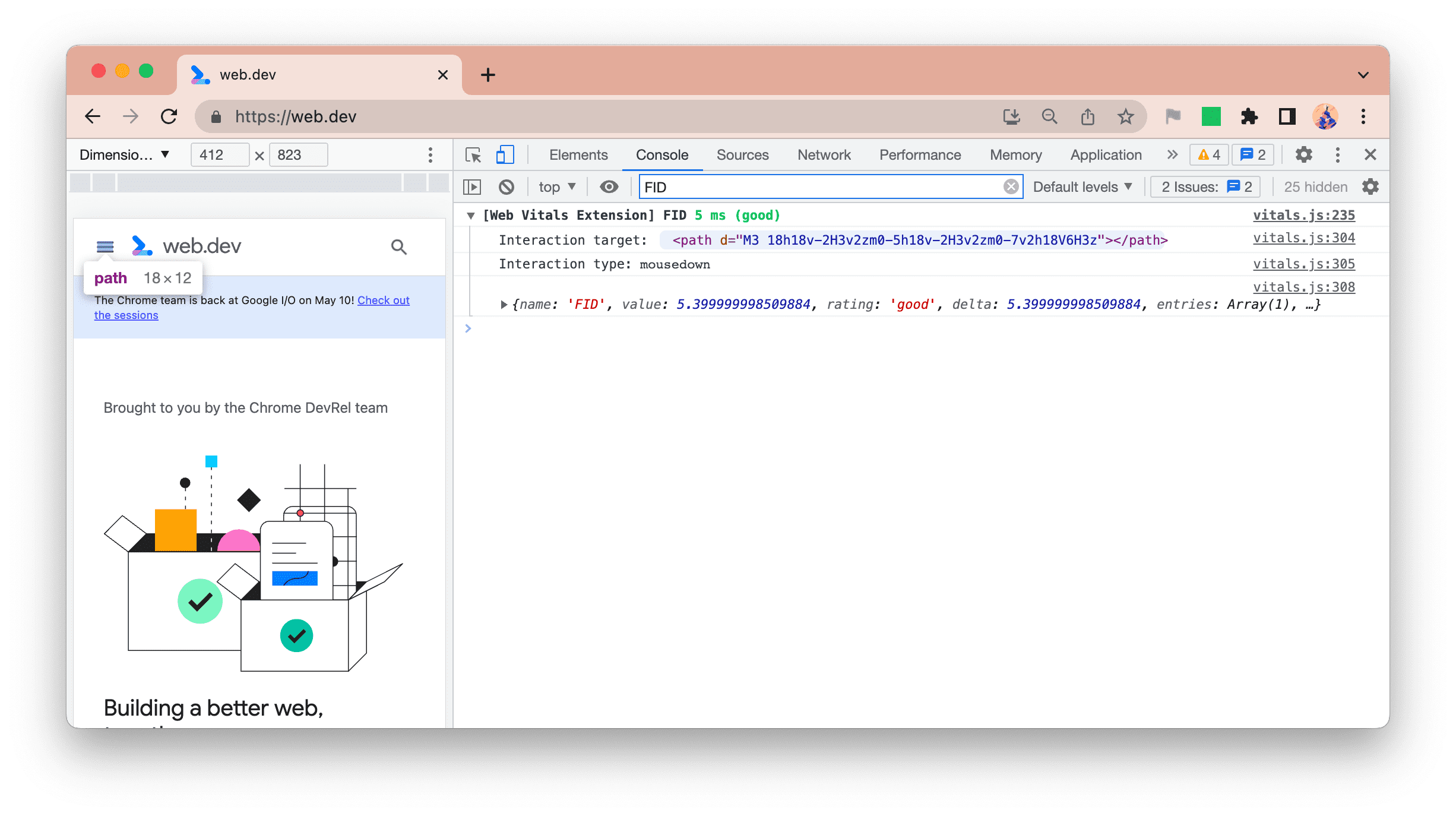 Nuovo logging della console dell&#39;estensione Web Vitals che mostra il target e il tipo di FID