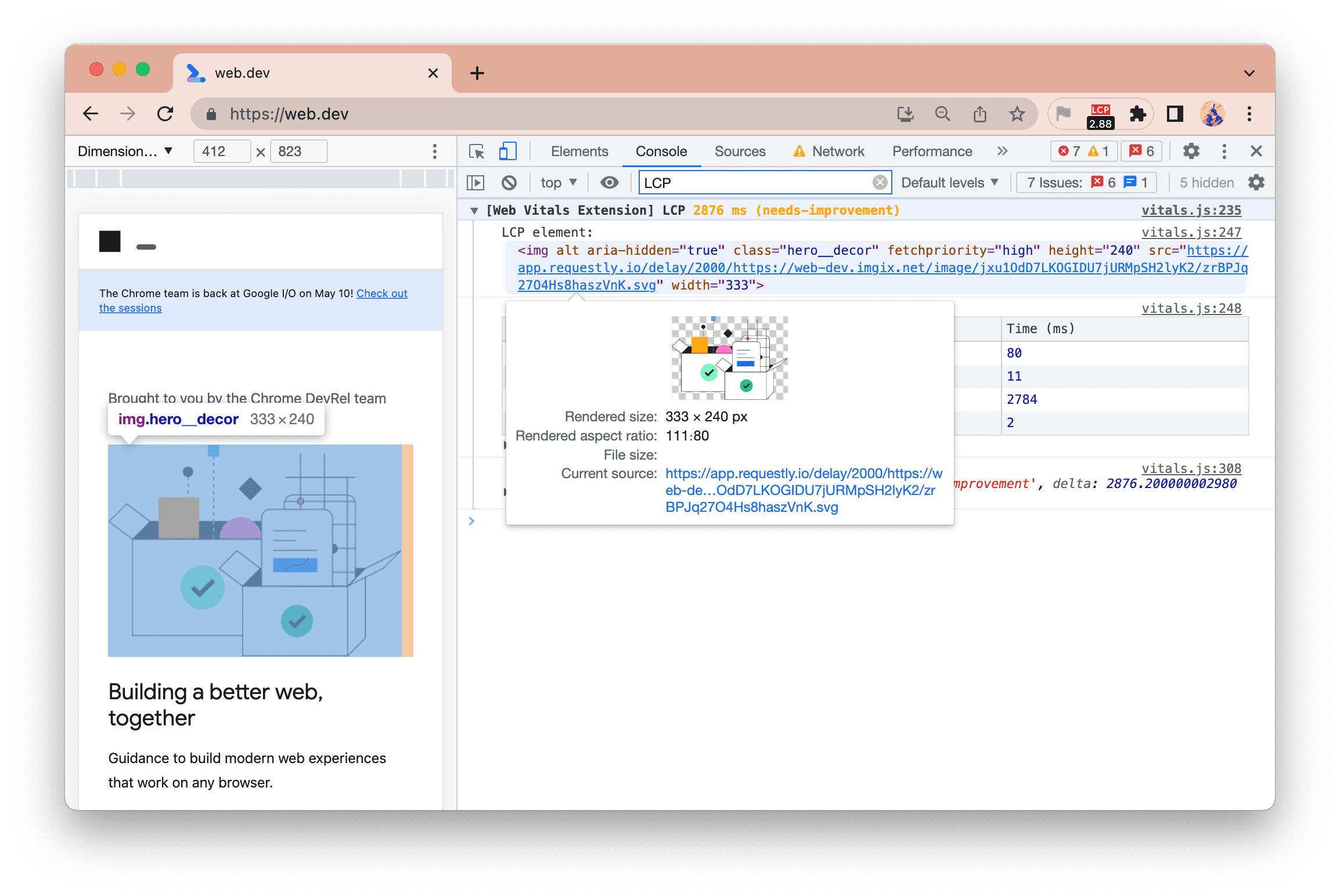 La nouvelle journalisation de la console de l&#39;extension Web Vitals conserve la mise en surbrillance des éléments lorsque l&#39;utilisateur pointe dessus.