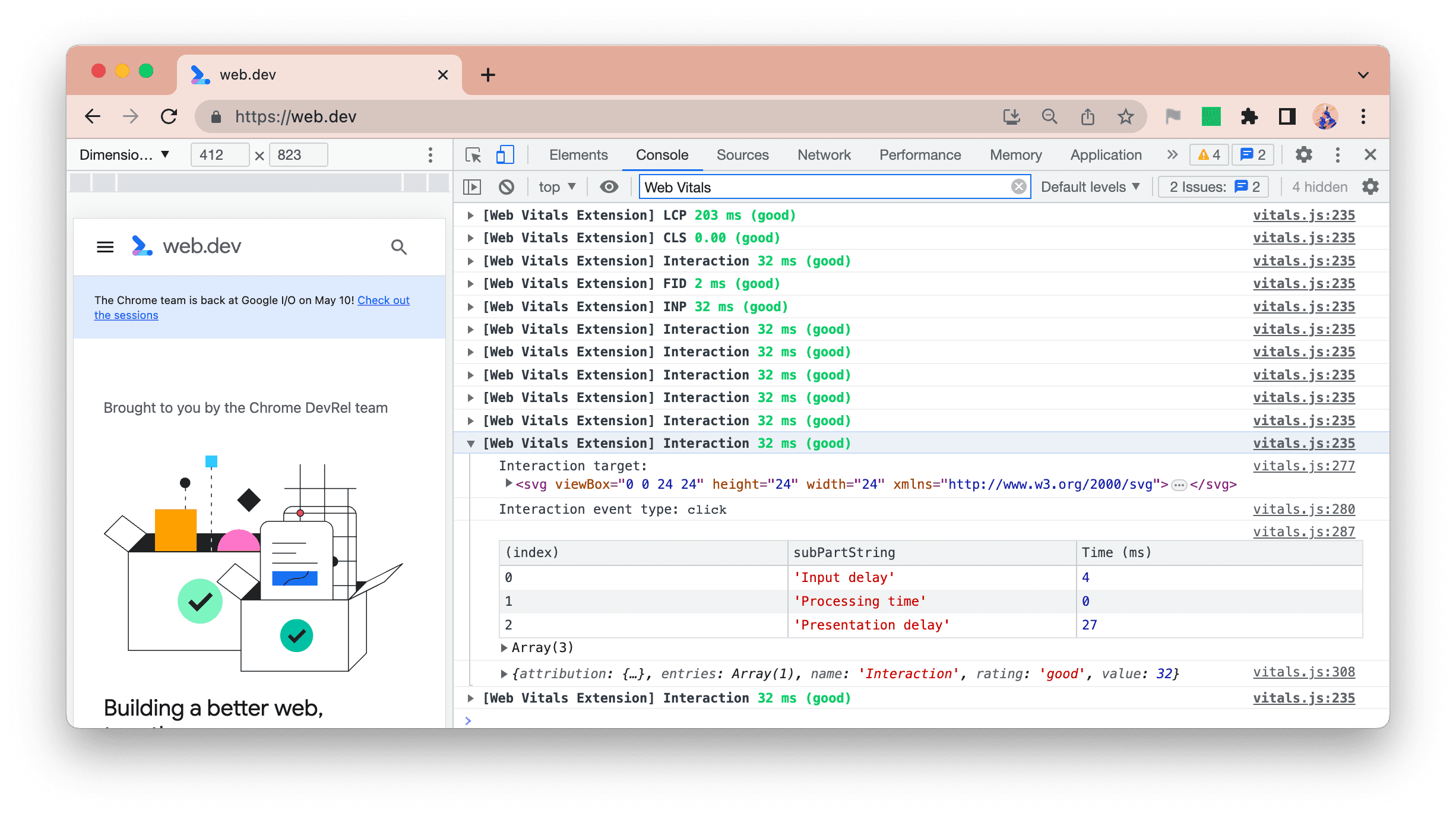 Journalisation de la nouvelle console de l&#39;extension Web Vitals affichant toutes les interactions